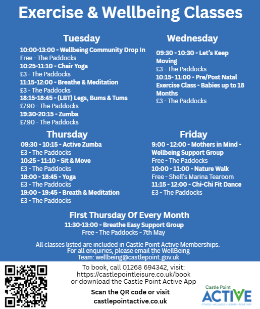 Exercise and wellbeing timetable from Castle Point Active